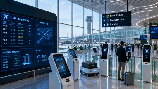 Smart airport AI robotics biometrics IoT cybersecurity and automated passenger processing