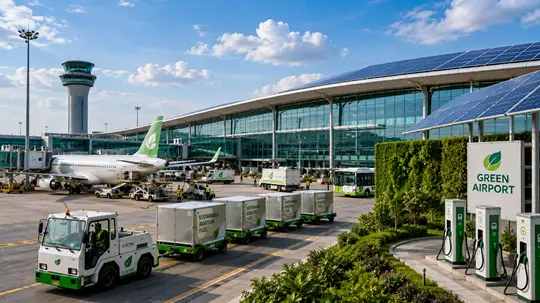 Green airport solar energy EV charging water conservation waste management and sustainable construction