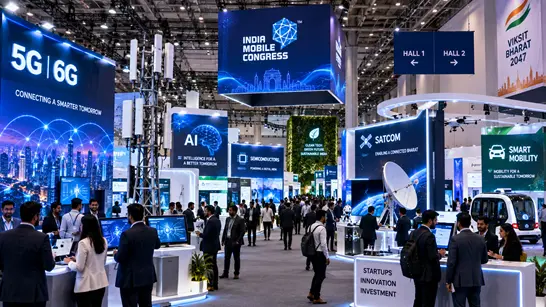 India Mobile Congress 2026 exhibition floor technology demonstrations at Yashobhoomi
