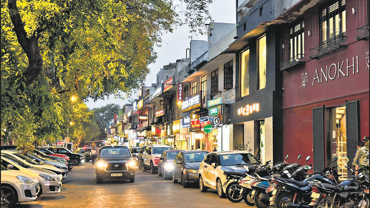 Khan Market tree-lined shopping street with boutiques