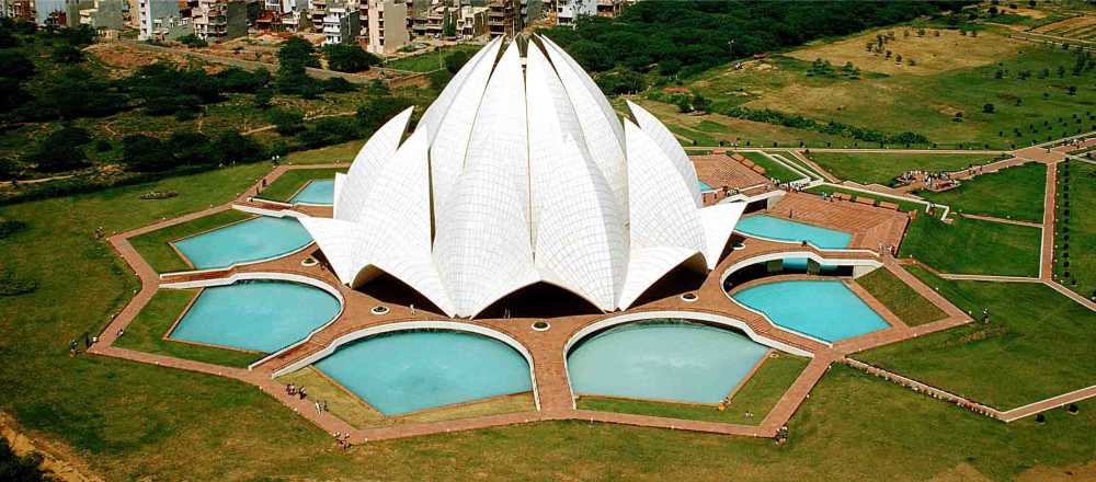 Lotus Temple Delhi with white marble petals and reflecting pools