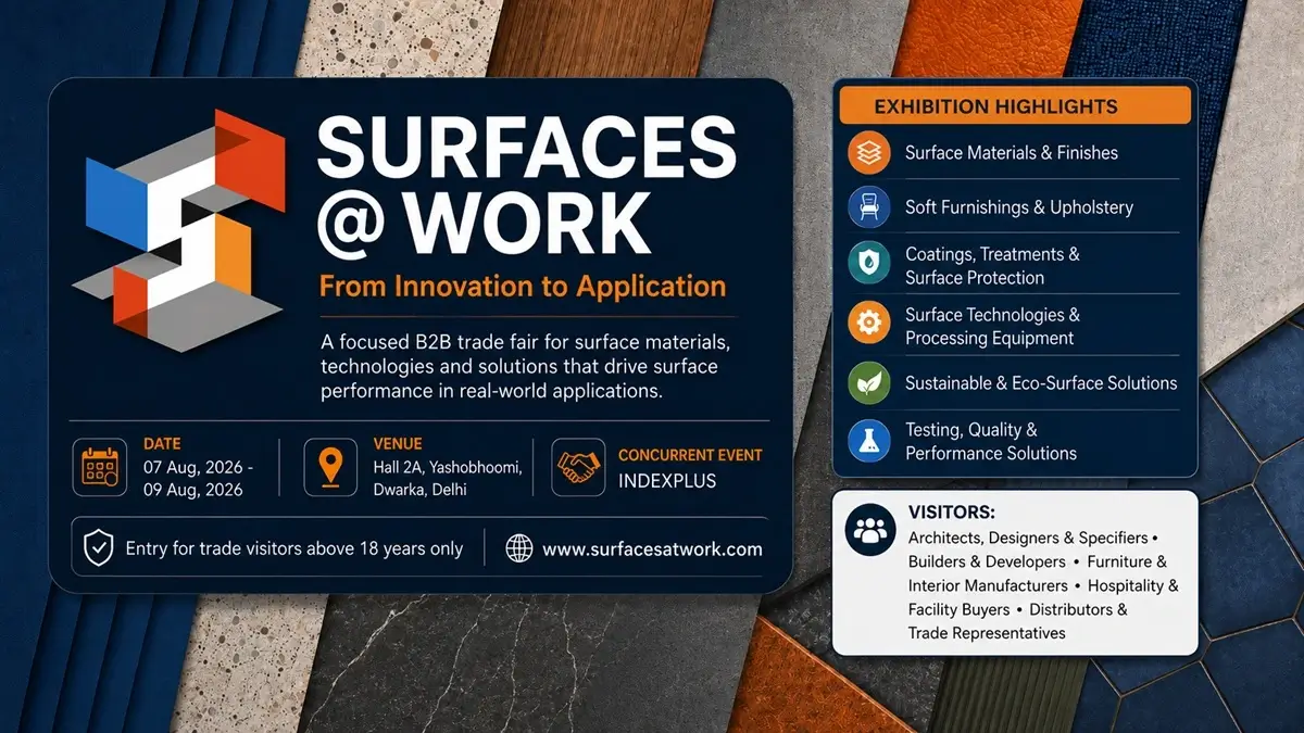 SURFACES at WORK 2026 surface materials and technology exhibition at Hall 2A Yashobhoomi New Delhi
